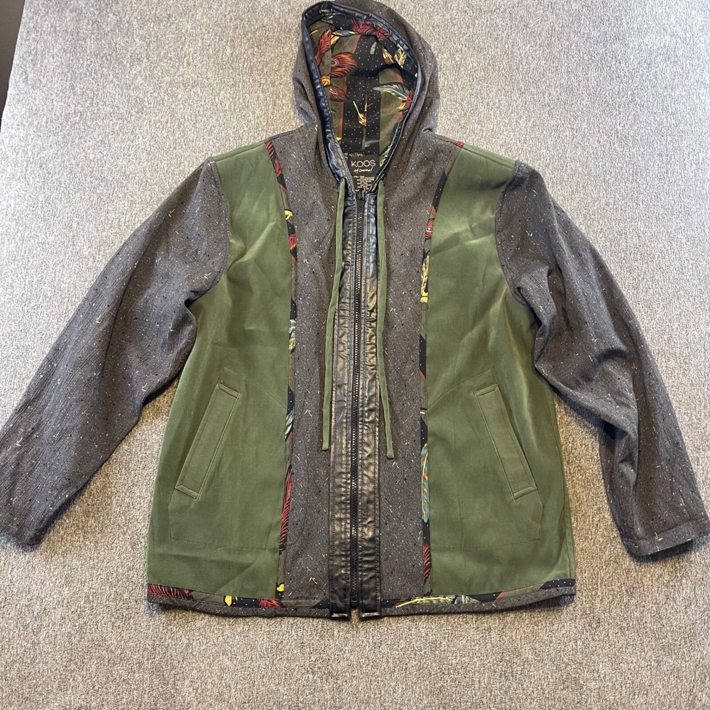 Koos of Course! Hooded Jacket Unique Print Trim Full Zip Olive Green M Artsy